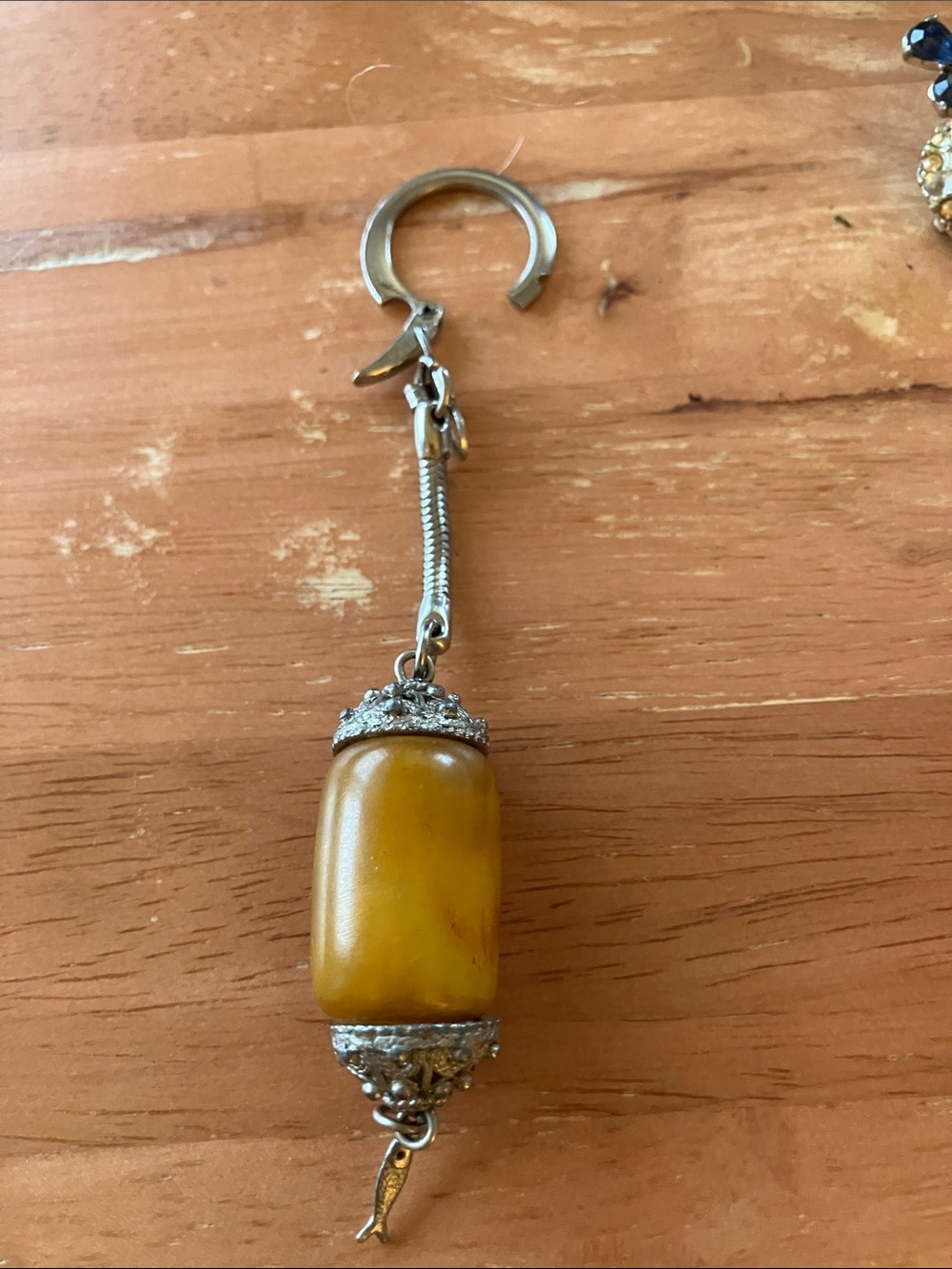 Amber Toned Bead Keychain with Silver Accents